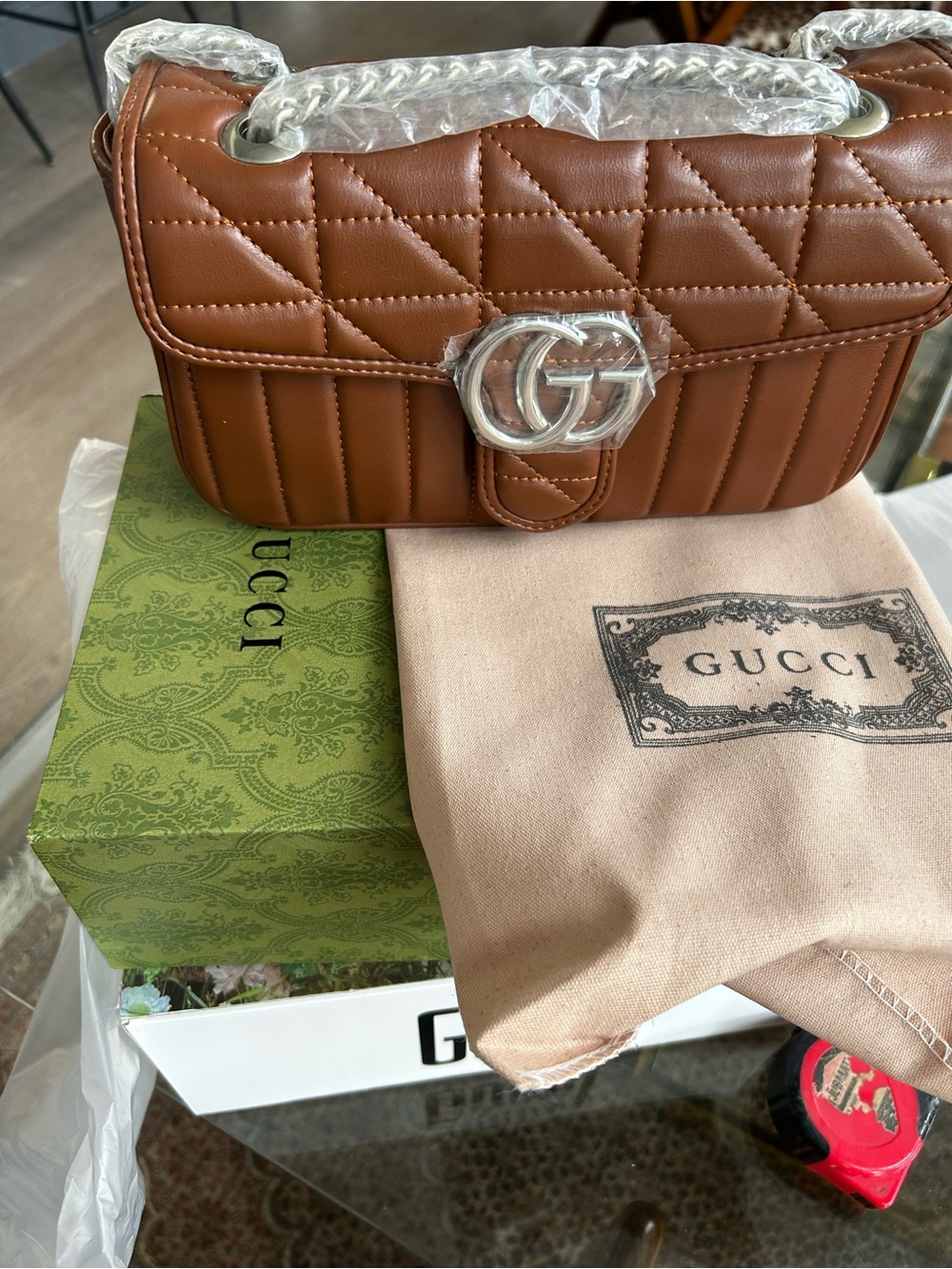 Gucci Tan Quilted Shoulder Bag with Silver Double G